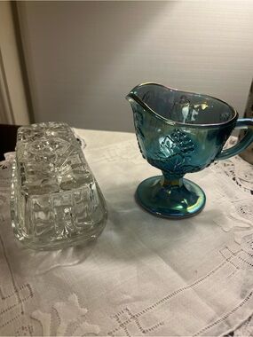 Iridescent Harvest Grape Creamer & Anchor Hocking Butter Dish